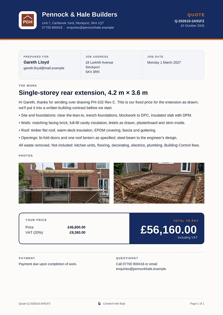 Example Bojit quote PDF from Pennock & Hale Builders: Single-storey rear extension, 4.2 m × 3.6 m, £46,800.00.