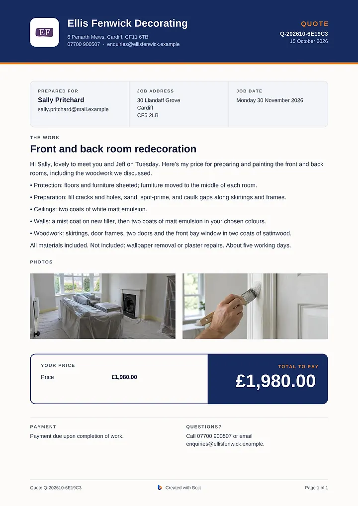 Example Bojit quote PDF from Ellis Fenwick Decorating: Front and back room redecoration, £1,980.00.