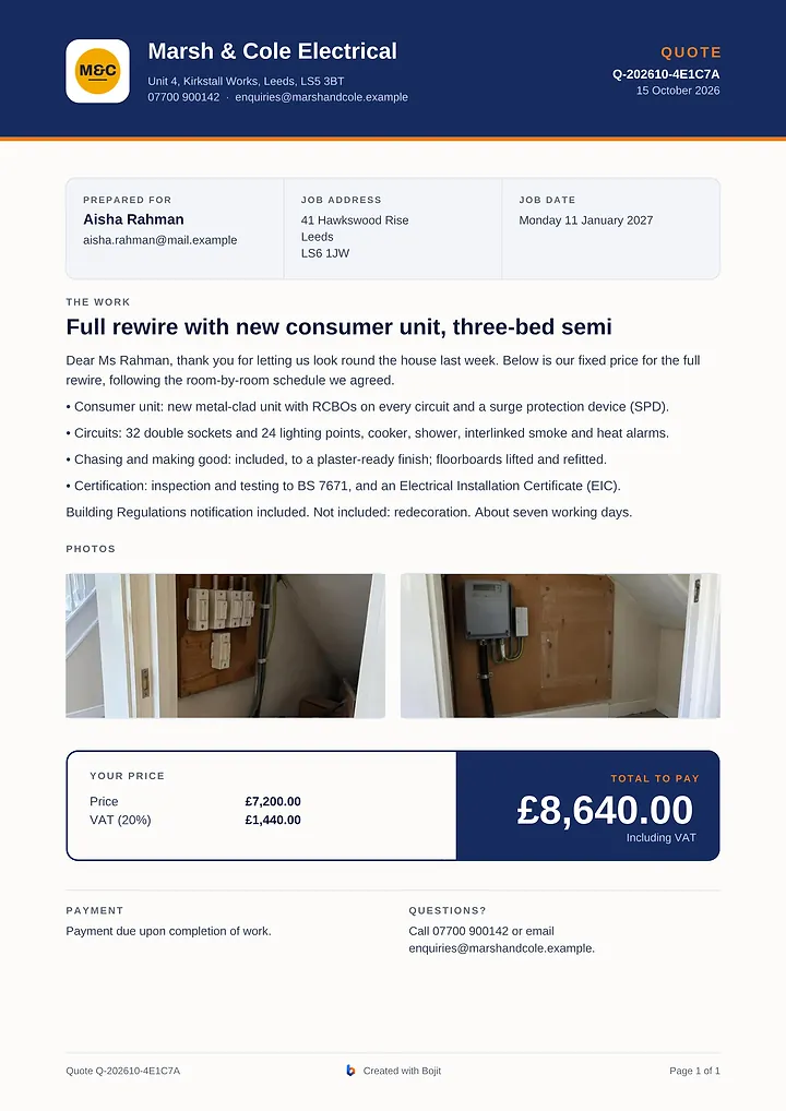Example Bojit quote PDF from Marsh & Cole Electrical: Full rewire with new consumer unit, three-bed semi, £7,200.00.