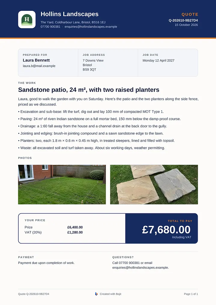 Example Bojit quote PDF from Hollins Landscapes: Sandstone patio, 24 m², with two raised planters, £6,400.00.